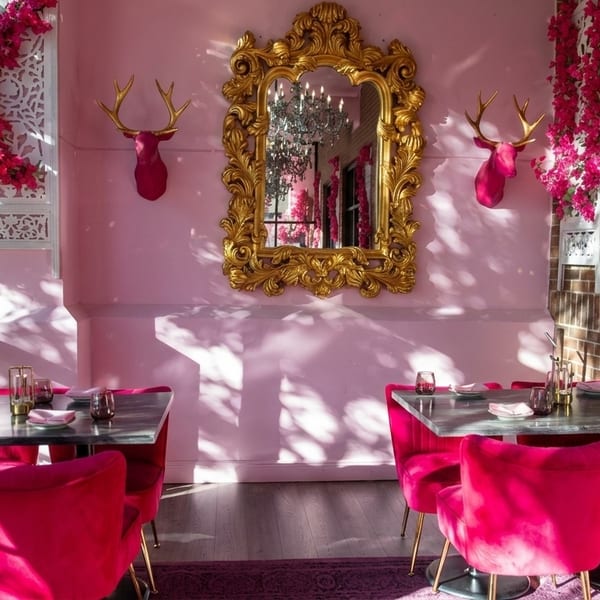 Pink restaurant interior with hot pink chairs, marble tables, a gold mirror, and floral decor.