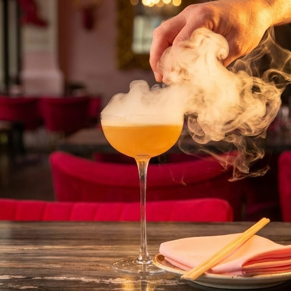 A hand adds smoke to a cocktail in a coupe glass on a table with pink napkins and chopsticks.