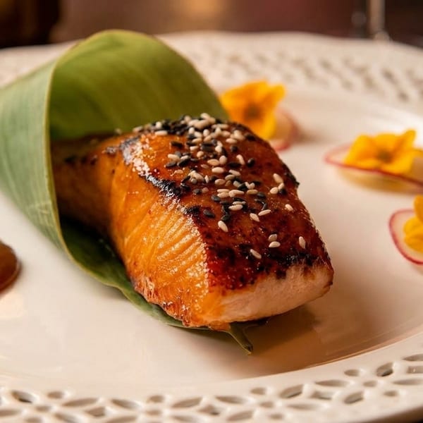 Glazed salmon with sesame seeds, wrapped in a banana leaf, served with sauce and edible flowers.