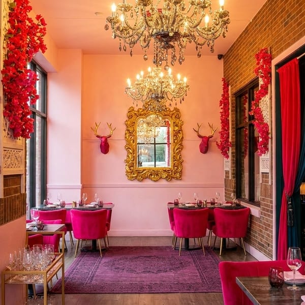 Vibrant pink restaurant interior with chandeliers, ornate mirrors, red velvet chairs, and floral decor.