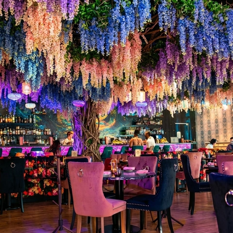 A vibrant restaurant interior with colorful wisteria hanging from the ceiling, a bar, and dining tables.