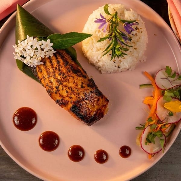 Grilled fish with rice, sauce dots, and a side salad on a pink plate.
