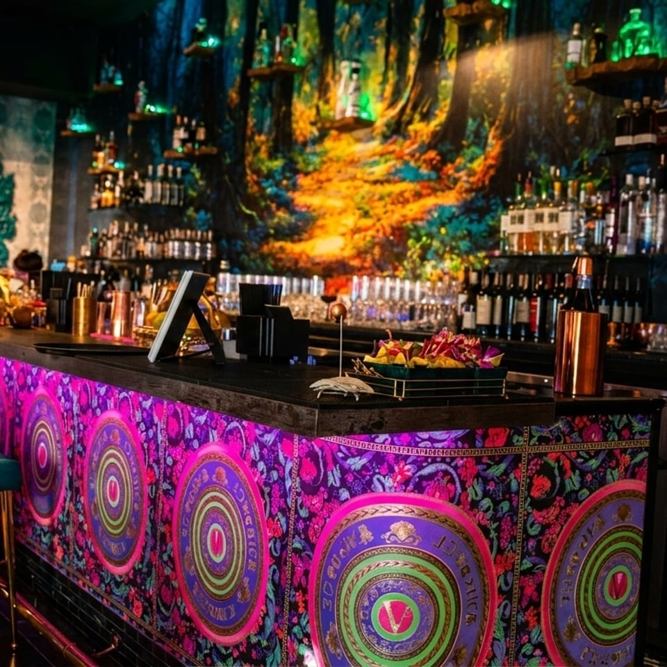 Vibrant bar with a colorful, illuminated counter, velvet stools, and a forest mural behind bottles.